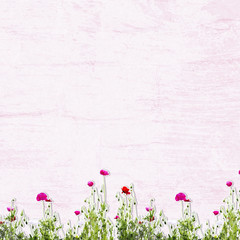 Cut and paste photo of poppies on textured paper surface; abstract of cut out many red, pink and white flowers with stems over textured surface