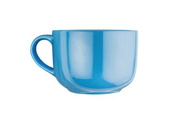 Single blue ceramic cup for drinks or other liquid products isolated on white background