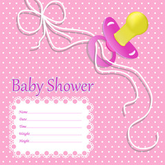Greeting card for baby girl on baby shower. Baby shower invitation with nipple, ribbon for baby girl. Pink background. vector illustration eps10
