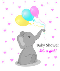 Invitation card baby shower with elephant for girl. Cute elephant with balloons. Birthday greetings card with flat elephant. vector EPS10