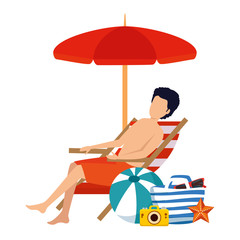 young man with swimsuit seated in beach chair with summer icons