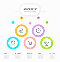 Vector infographic template with business icons, 5 circle options and steps on white background.