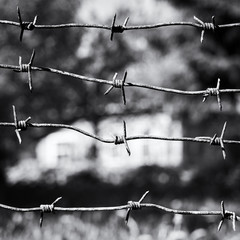 Barbed wires on the foreground with a country house on the blurred background. Black and white