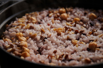 Cooked multi grain rice in pot