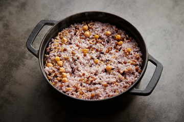 Cooked multi grain rice in pot