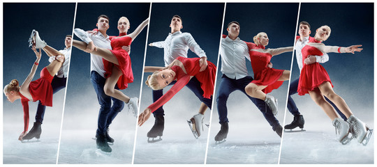 Professional grace man and woman figure skaters performing show or competition on ice arena. Creative collage with different photos of two models. Concept of motion, action, movement, sport.