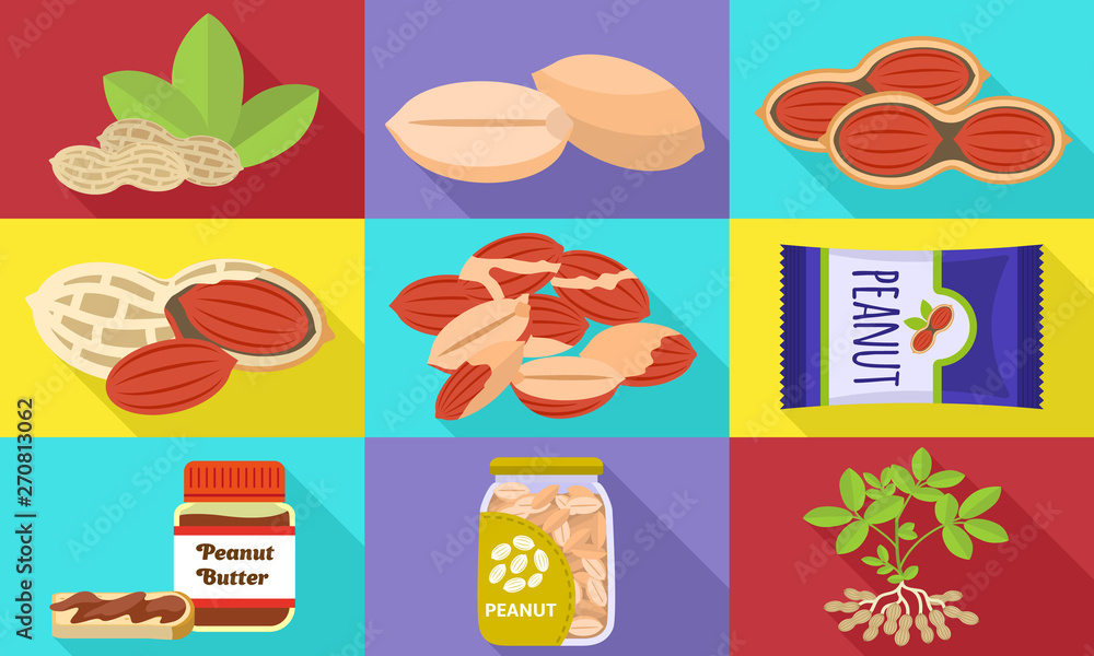 Poster peanut icons set. flat set of peanut vector icons for web design