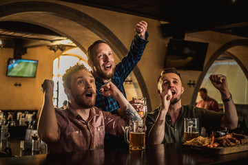Friends drinking draft beer and watching tv in a pub