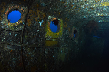 Boga shipwreck. The artificial reef. Underwater treasure. Diving, divers, wide angle underwater photography.
