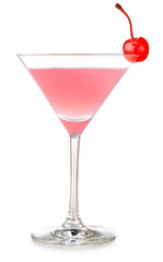 pink martini cocktail garnished with cherry isolated on white background.