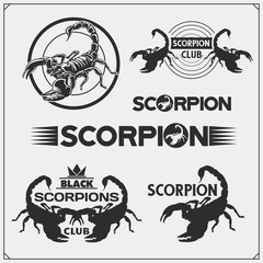 Scorpions emblems, labels, logos and design elements. Silhouettes of a scorpion. Print design for t-shirt. Tattoo design. Sport club emblems.