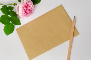 Blank sheet brown crafted paper for greeting text, a pencil and pink rose on white background. Copy space. Flat design