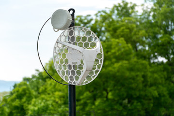 Internet outdoor wireless antenna metal rod on the roof and green tree and sky in the background....