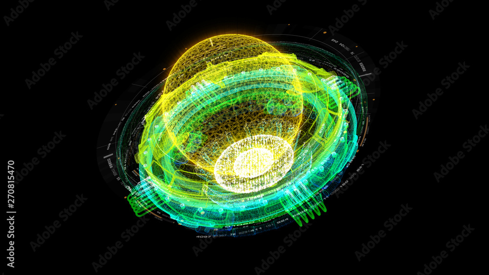 Aufkleber Futuristic graphic user interface head up display screen with digital holographic Nuclear Fusion energy simulator 3D illustration for digital background