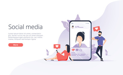 social media marketing vector concept illustration, happy woman and men give like comment on social for landing page