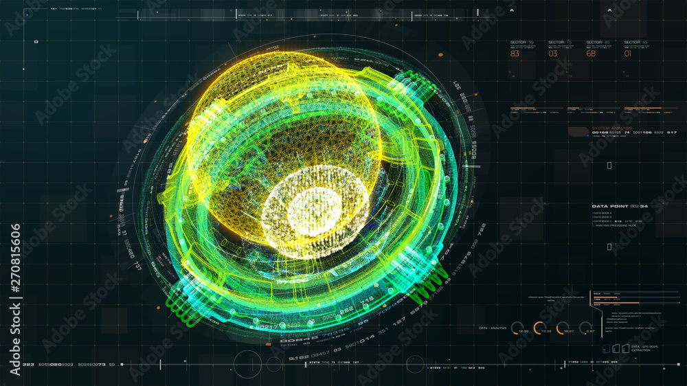 Poster Futuristic graphic user interface head up display screen with digital holographic Nuclear Fusion energy simulator 3D illustration for digital background