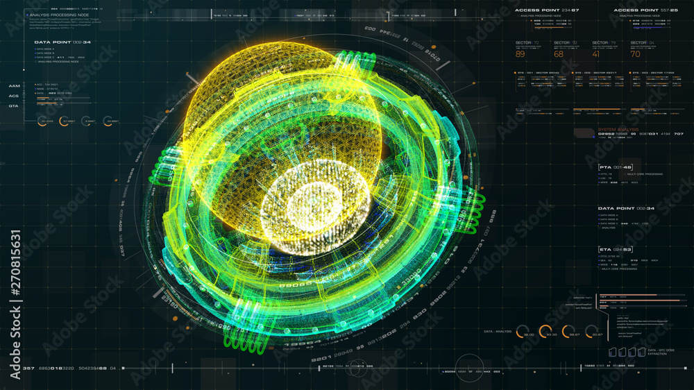 Poster Futuristic graphic user interface head up display screen with digital holographic Nuclear Fusion energy simulator 3D illustration for digital background