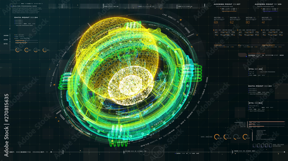 Poster Futuristic graphic user interface head up display screen with digital holographic Nuclear Fusion energy simulator 3D illustration for digital background