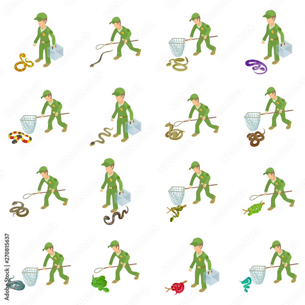 Poster catching snake icons set. isometric set of 16 catching snake vector icons for web isolated on white 