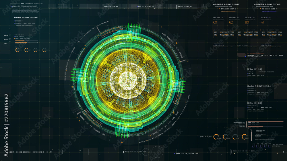 Poster Futuristic graphic user interface head up display screen with digital holographic Nuclear Fusion energy simulator 3D illustration for digital background