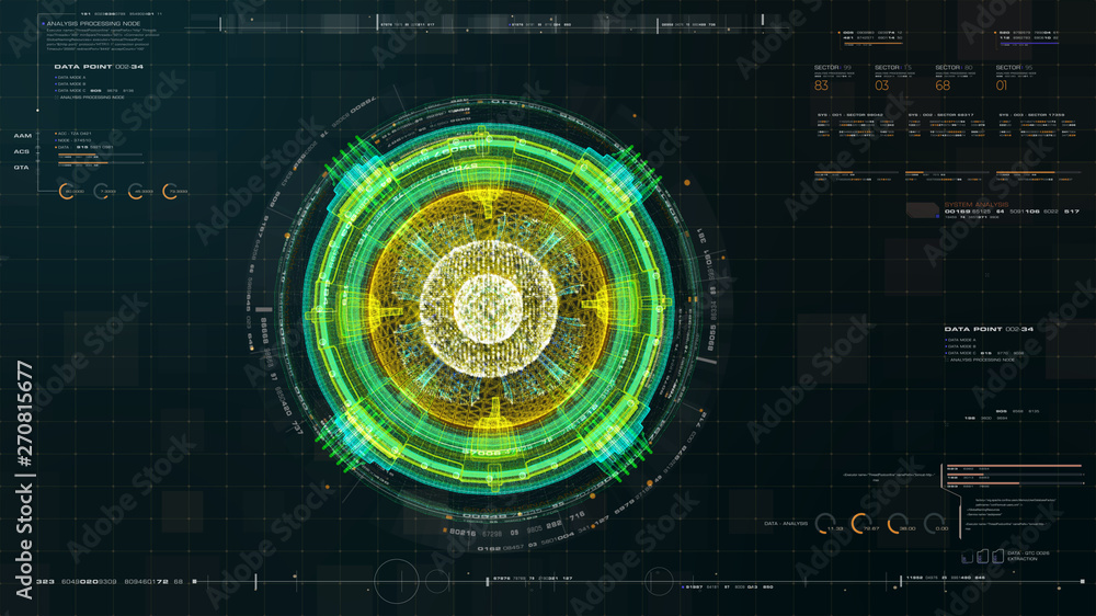Poster Futuristic graphic user interface head up display screen with digital holographic Nuclear Fusion energy simulator 3D illustration for digital background