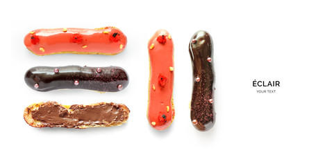 Creative layout made of eclair. Flat lay. Food concept. Macro  concept.