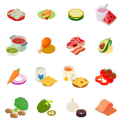 Lunch icons set. Isometric set of 16 lunch vector icons for web isolated on white background