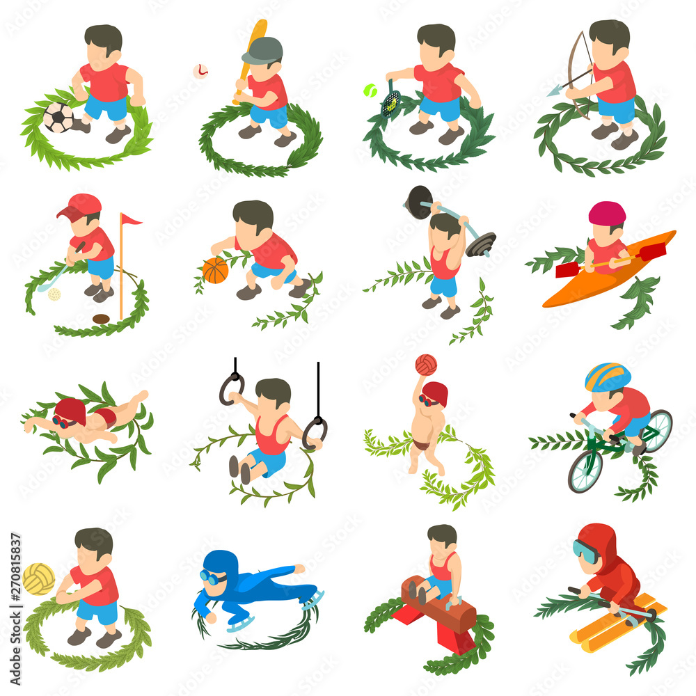 Poster champion icons set. isometric set of 16 champion vector icons for web isolated on white background