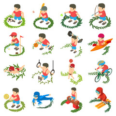 Champion icons set. Isometric set of 16 champion vector icons for web isolated on white background