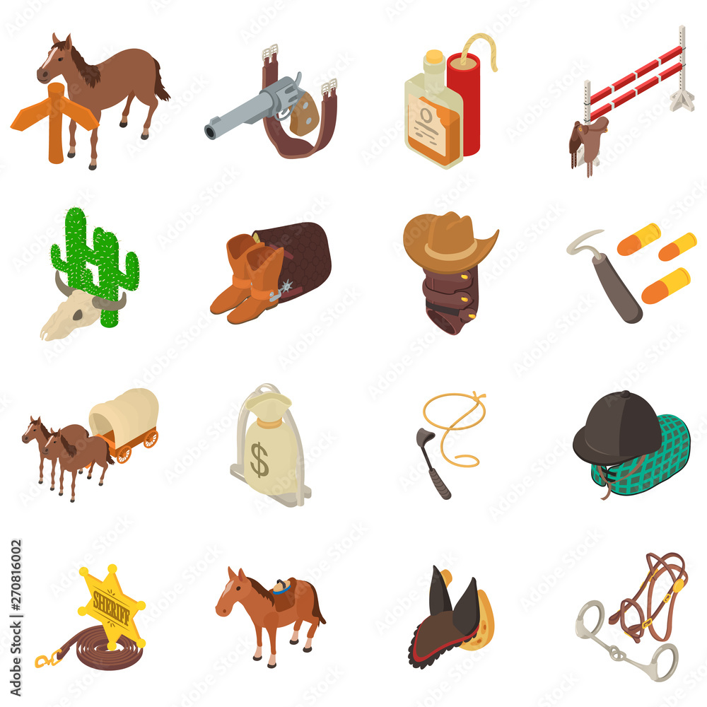 Poster wild west icons set. isometric set of 16 wild west vector icons for web isolated on white background