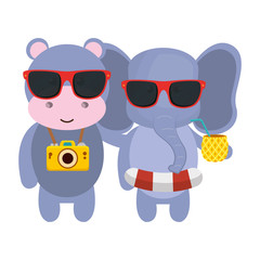 cute hippo and elephant with camera and pineapple cocktail