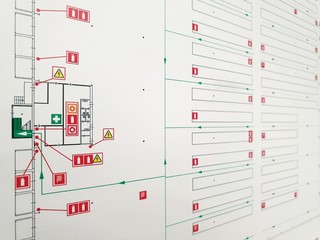 fire evacuation plan, where to run when the fire started, fire exit plan - obrazy, fototapety, plakaty