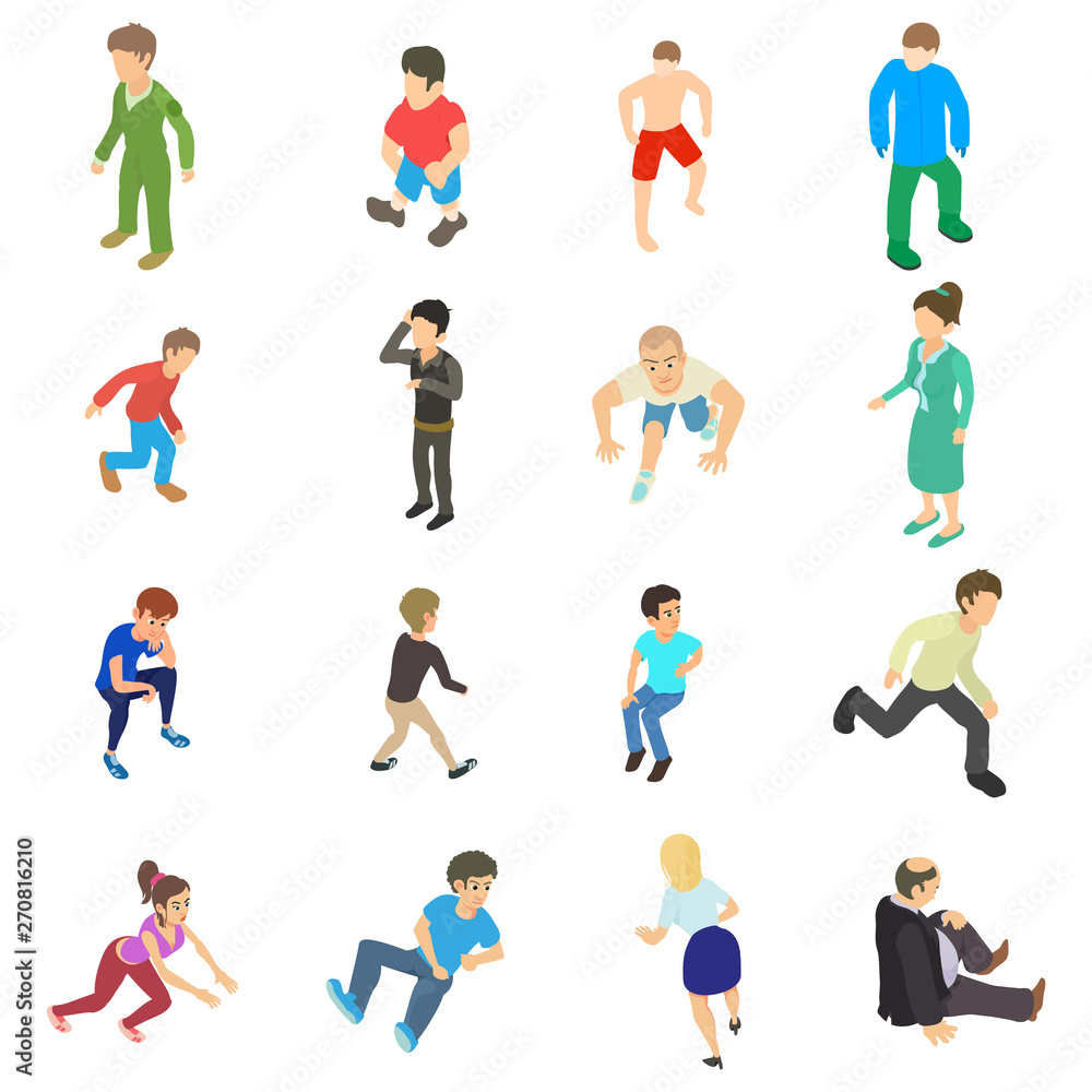 Poster tired man icons set. isometric set of 16 tired man vector icons for web isolated on white background