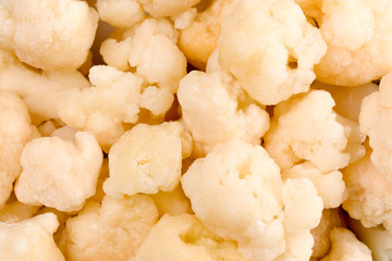 Frozen cauliflower background with ice and frost