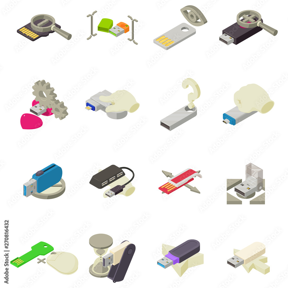 Poster time memory icons set. isometric set of 16 time memory vector icons for web isolated on white backgr