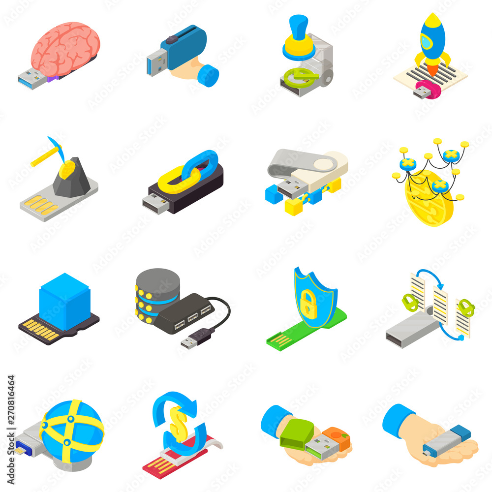 Poster cyber memory icons set. isometric set of 16 cyber memory vector icons for web isolated on white back
