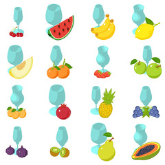 Fruit cocktail icons set. Isometric set of 16 fruit cocktail vector icons for web isolated on white background