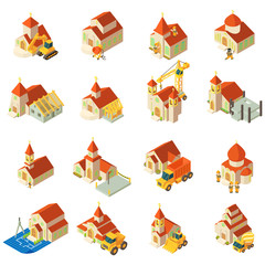 Repair of church icons set. Isometric set of 16 repair of church vector icons for web isolated on white background