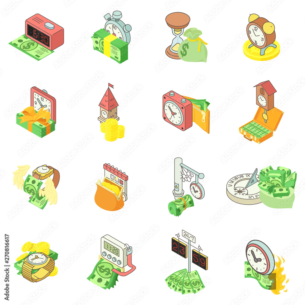 Poster time is money icons set. isometric set of 16 time is money vector icons for web isolated on white ba