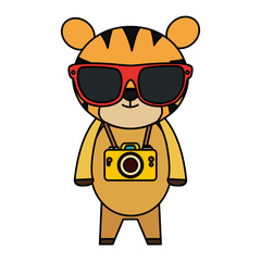Naklejka premium cute tiger with summer sunglasses and photographic camera