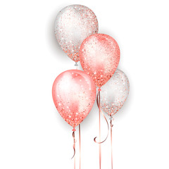 Flying glossy white and pink shiny realistic 3D helium balloons with gold ribbon and glitter sparkles, perfect decoration for birthday party brochures, invitation card or baby shower