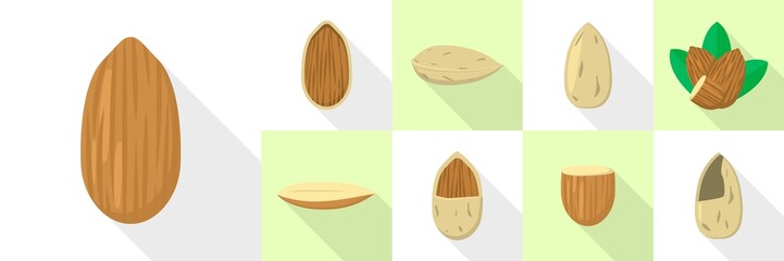Almond nut icons set. Flat set of almond nut vector icons for web design
