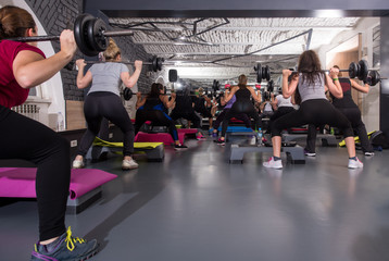 sporty women using barbells while exercises