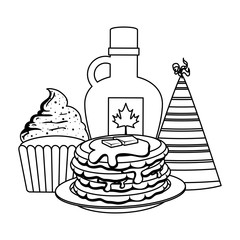 sweet maple syrup bottle with pancake and cupcake