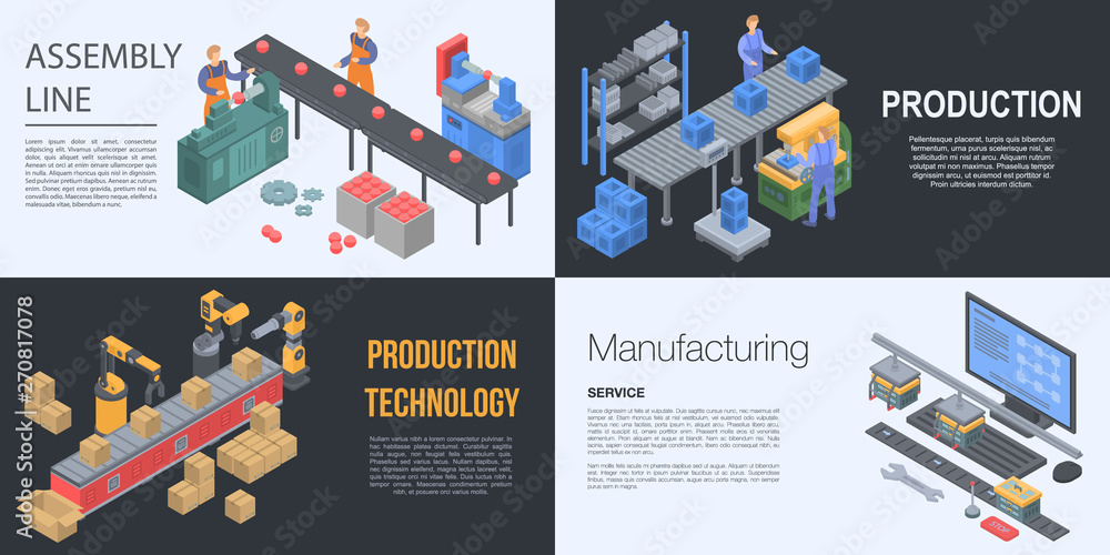 Wall mural assembly line manufacture banner set. isometric set of assembly line manufacture vector banner for w