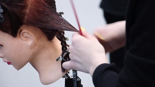 hairdresser simulates hair cutting with scissors on dummy head, practices new skills and training at hairdressing workshop, learning new profession  or refresher course, close-up view 