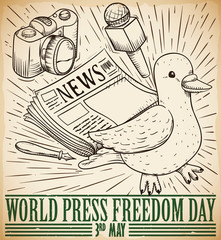 Dove and Mass Media Draws for Press Freedom Day Celebration, Vector Illustration