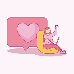 woman seated taking selfie with smartphone and speech bubble