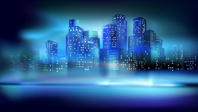 View of the city center at night. Illuminated skyscrapers. Vector illustration.