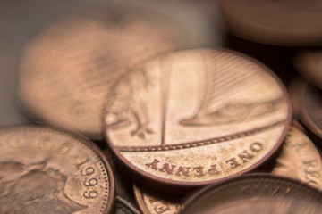 Pile of British 1 pence coins